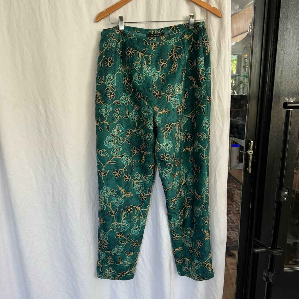SilkLand -  women’s emerald green silk trouser with floral embroidery - size 12